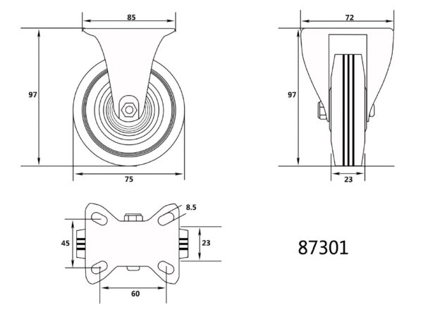 Roată FIXĂ pentru Cărucior 7.5/2.5/4.5mm