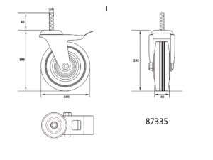 Roată Pivotantă de 160MM cu Frână de Cauciuc Negru și Știft Filetat,rulment cu Bile.