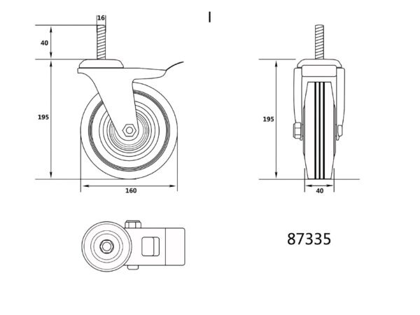 Roată Pivotantă de 160MM cu Frână de Cauciuc Negru și Știft Filetat,rulment cu Bile.