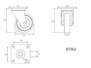Roată Pivotantă 75x21x104mm, 30KG
