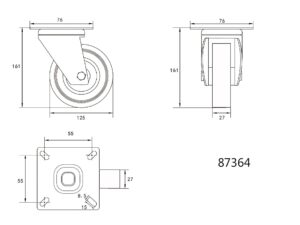 Roată Pivotantă cu Cauciuc Gri, 125MM