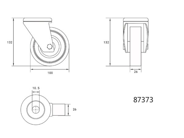 Roată Pivotantă de 100MM cu Cauciuc GRI și Gaură de Fixare
