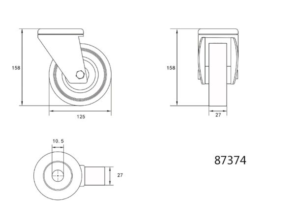 Roată Pivotantă de 125MM cu Cauciuc GRI și Gaură de Fixare