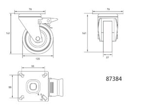 Roată Pivotantă de 125MM cu Cauciuc GRI și Frână