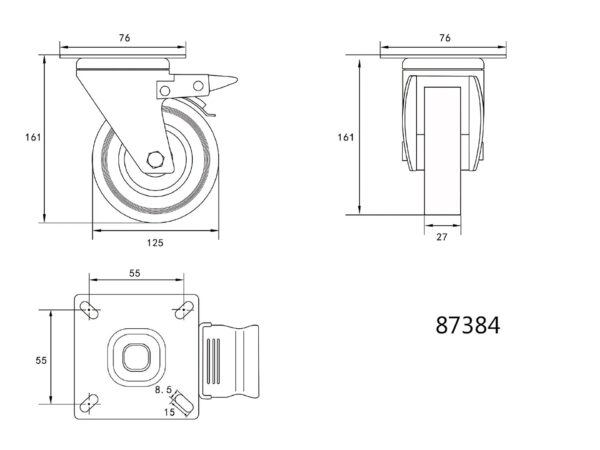 Roată Pivotantă de 125MM cu Cauciuc GRI și Frână